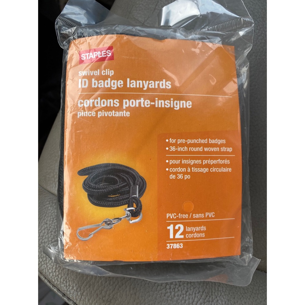 Staples Swivel Clip ID Badge Lanyards Black 36 Inch Round Woven Strap 12 Pack